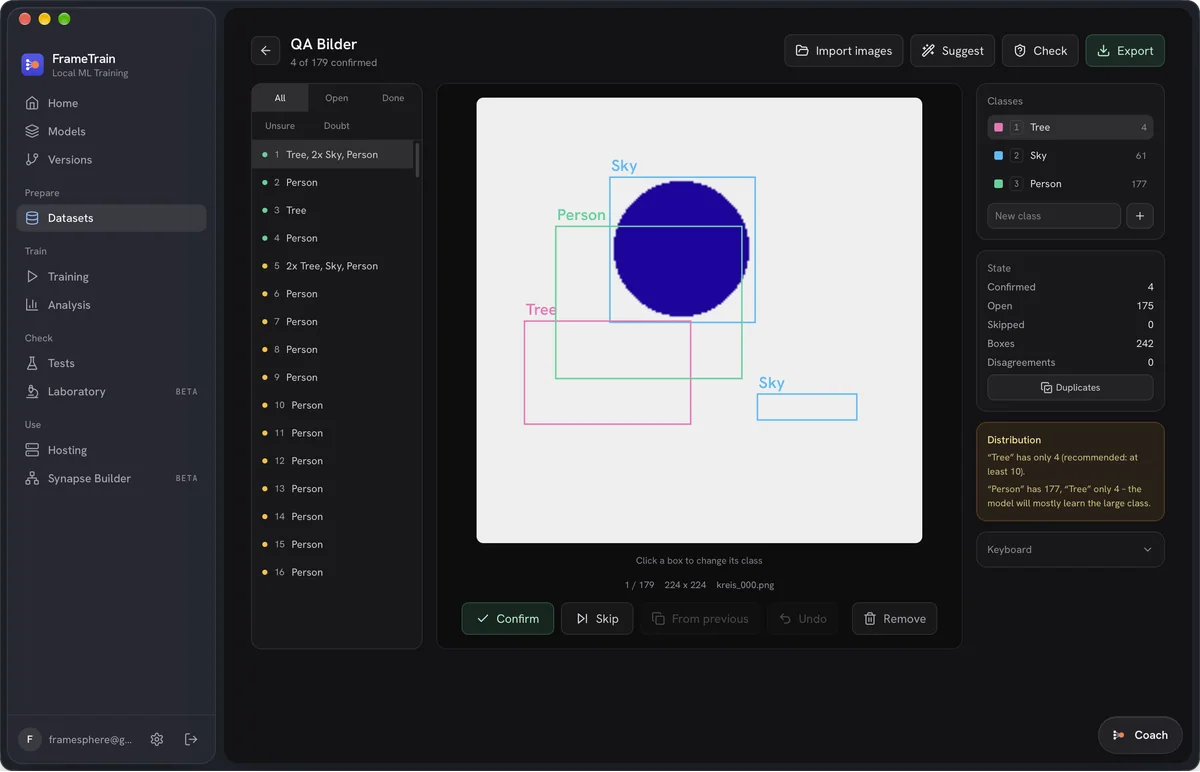 FrameTrain Dataset Builder: image with boxes for tree, sky and person