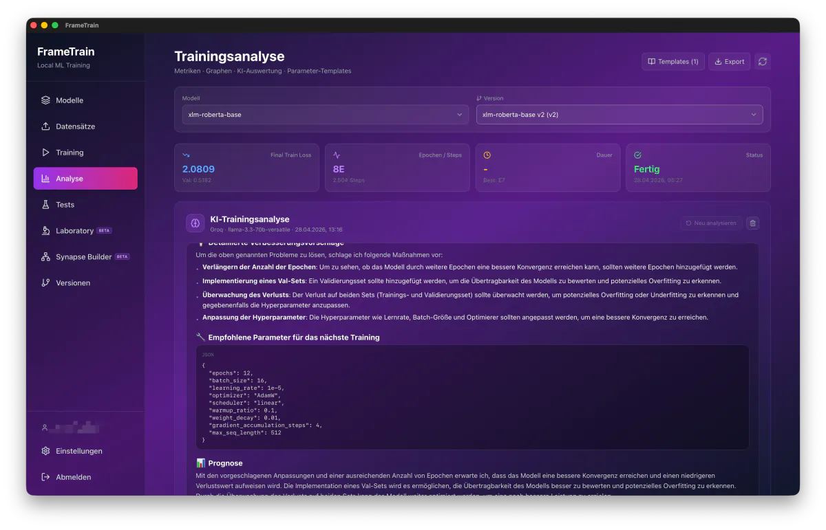 FrameTrain KI-Trainingsanalyse mit Verbesserungsvorschlägen, empfohlenen Parametern als JSON und einer Prognose für den nächsten Lauf
