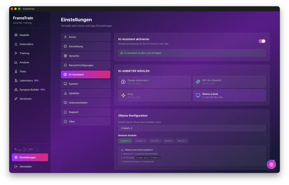 FrameTrain Einstellungen für den KI-Assistenten mit Auswahl zwischen Claude, GPT-4o, Groq und lokalem Ollama sowie Ollama-Modellkonfiguration