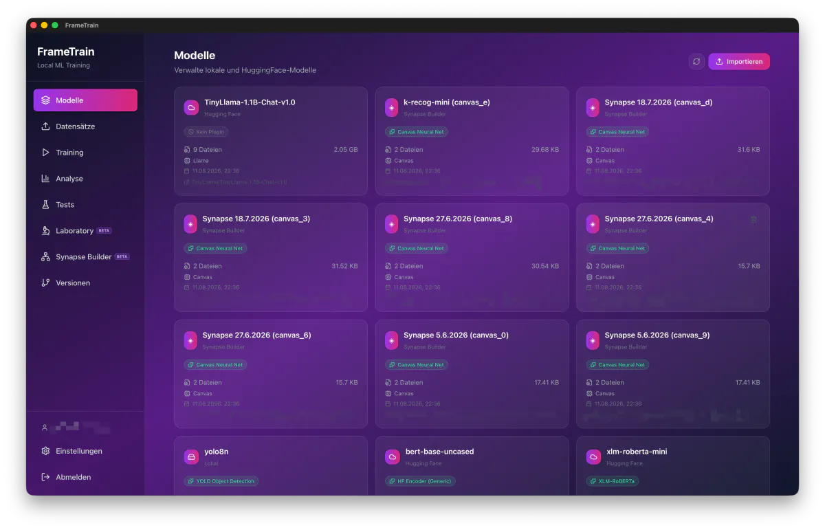 FrameTrain Modellübersicht mit importierten HuggingFace-Modellen, lokalen Modellen und Synapse-Canvas-Netzen, jeweils mit Größe und Plugin-Kennzeichnung