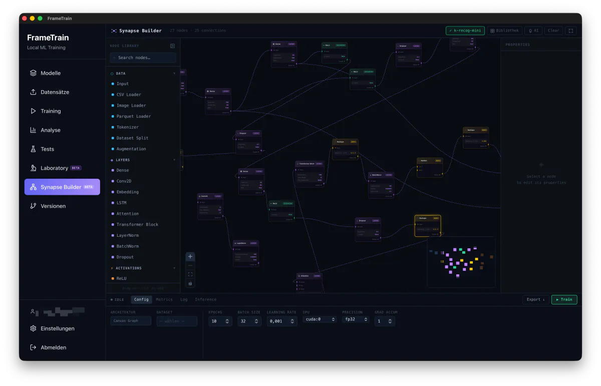 FrameTrain Synapse Builder mit Knotenbibliothek, Graph aus 27 verbundenen Layer-Knoten und Trainingsleiste am unteren Rand