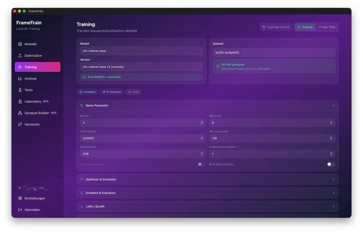 FrameTrain Desktop-App: Trainingskonfiguration mit Modell, Datensatz, Epochs, Batch Size, Learning Rate und aufklappbarem LoRA/QLoRA-Abschnitt