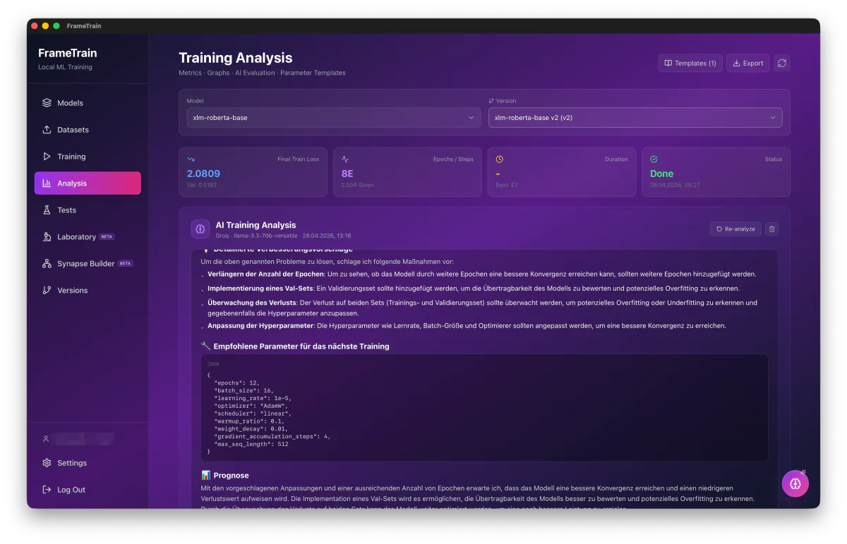FrameTrain AI training analysis with improvement suggestions, recommended parameters as JSON and a forecast for the next run