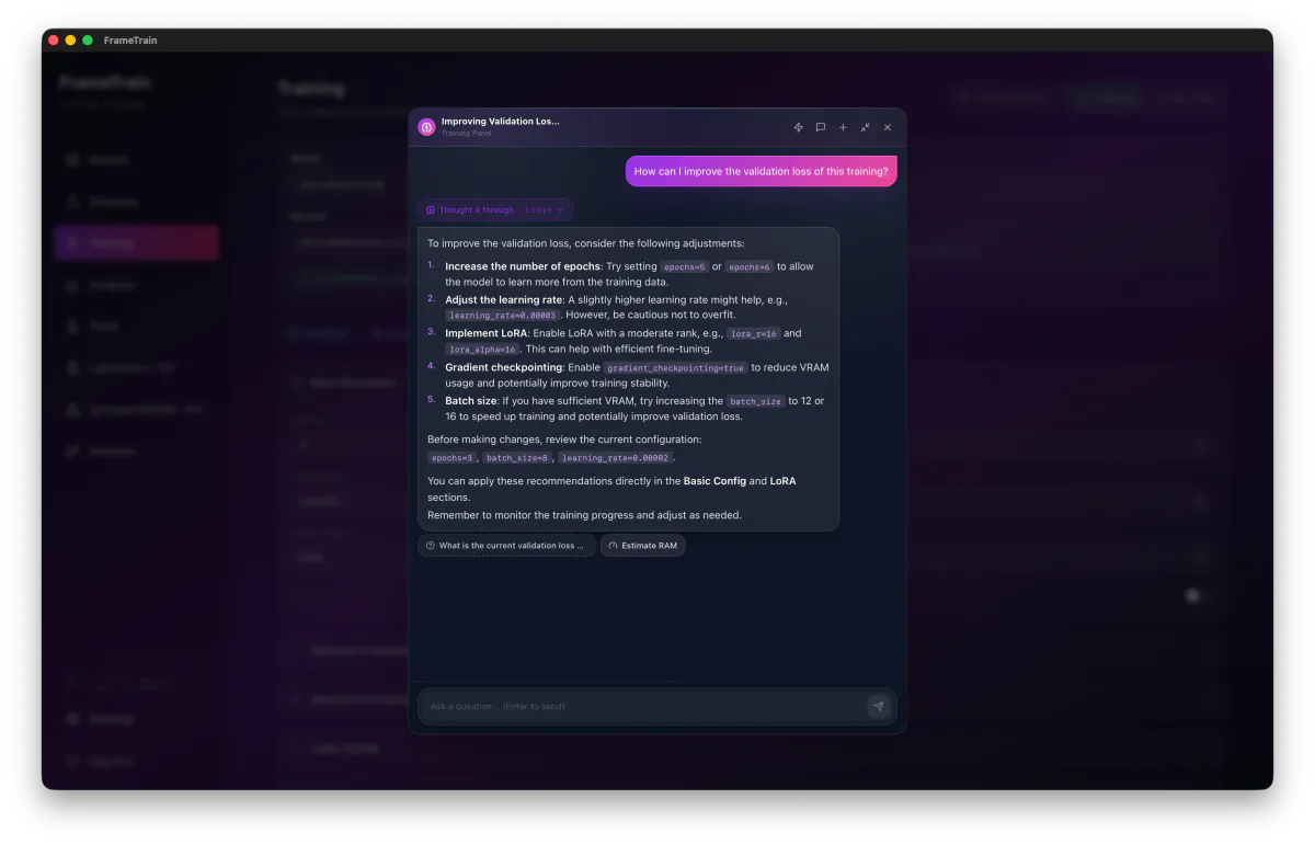 FrameTrain AI coach as a chat window over the training screen, answering with learning rate, epochs, dropout and LoRA rank suggestions