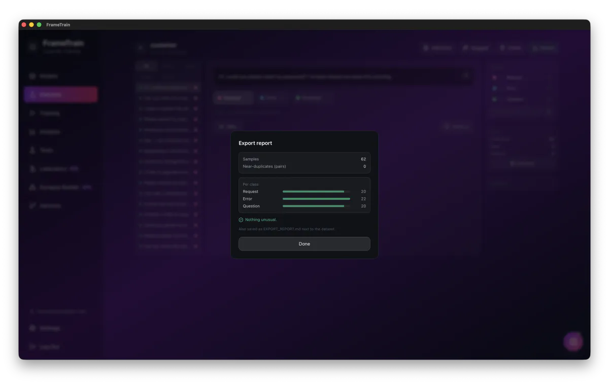 Dataset Builder export report with sample count, near-duplicates and distribution per class