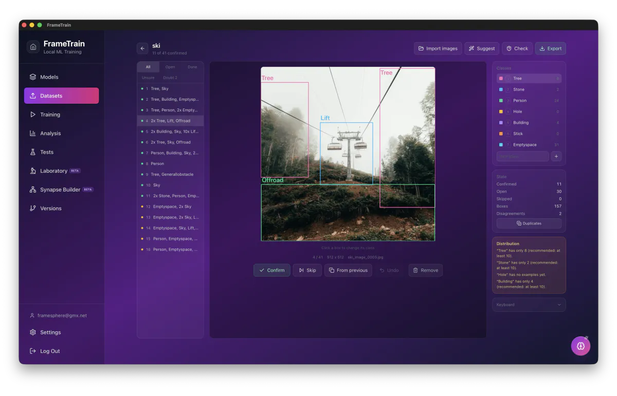 FrameTrain Dataset Builder: image with bounding boxes for tree, lift and offroad, next to classes, state and distribution hints