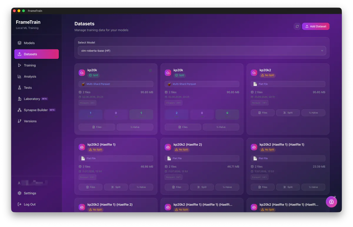 FrameTrain dataset management showing Parquet datasets, split status and buttons for splitting and halving