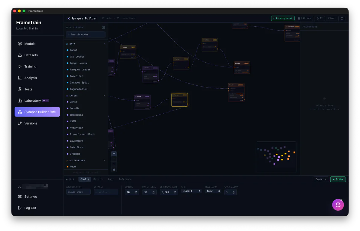 FrameTrain Synapse Builder with node library, a graph of 27 connected layer nodes and a training bar along the bottom